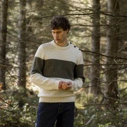 Pull Col Boutonne Ecru & Vert