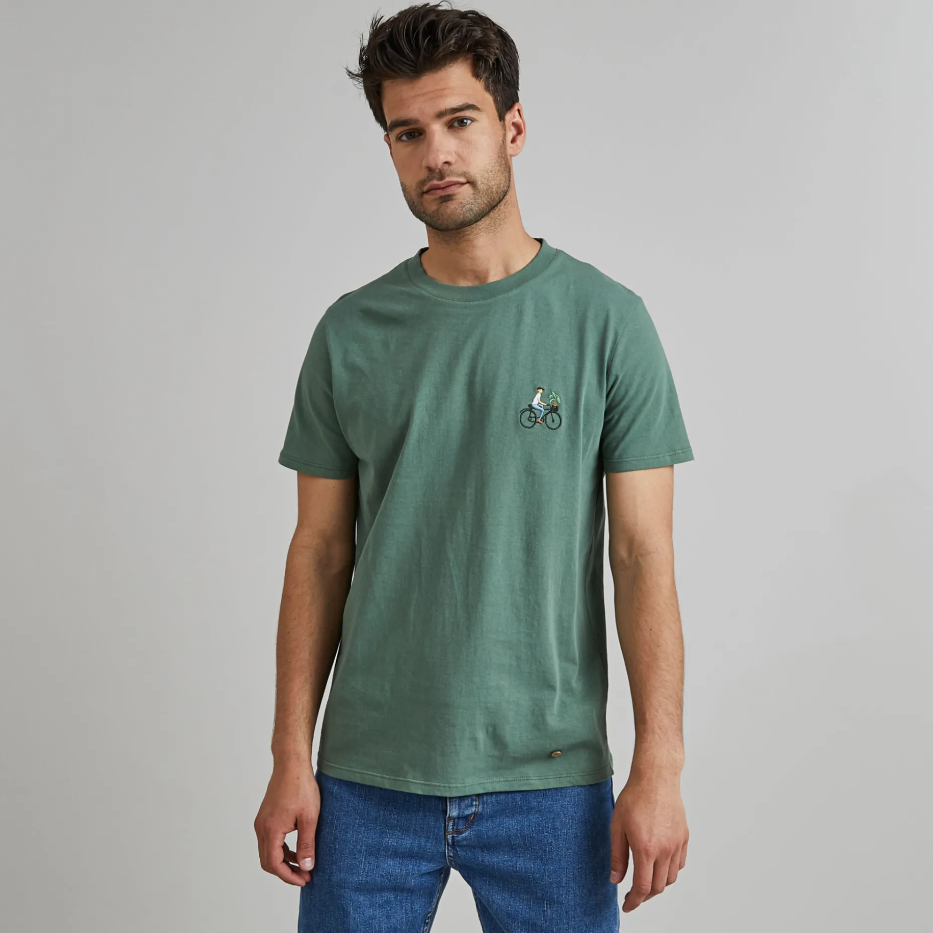 T-Shirt Col Rond Vert Broderie Velo